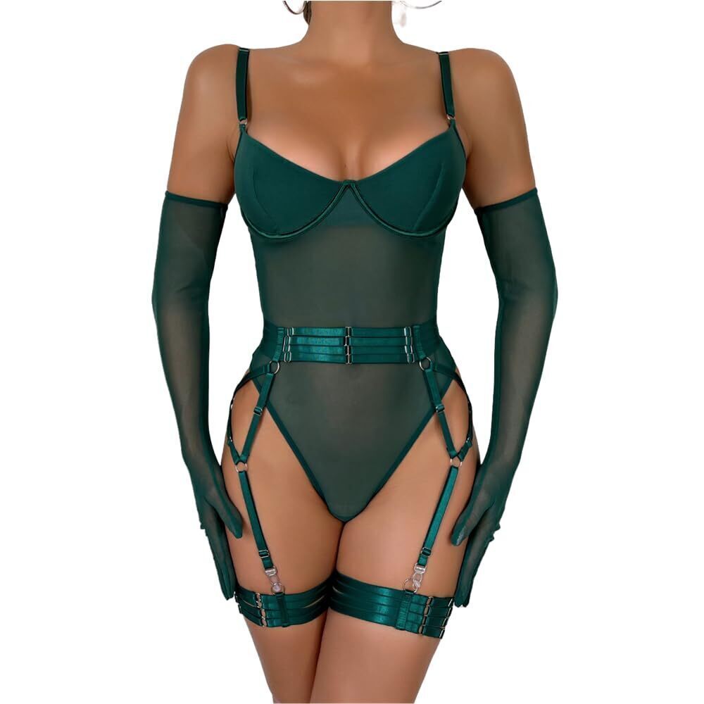 4319 Sexy Mesh Lingerie Set Garter Teddy Bodysuit with Underwire Chest